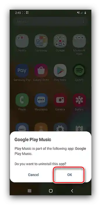 Potwierdź operację usunięcia aplikacji na Samsungu przez menu akcji