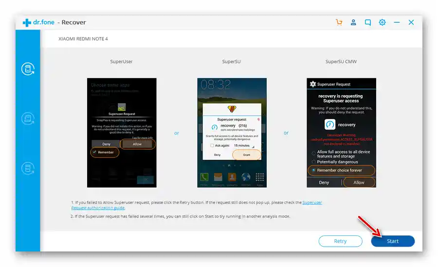 Стартиране на процеса по възстановяване на загубени данни в програмата Wondershare Dr.Fone Android Toolkit