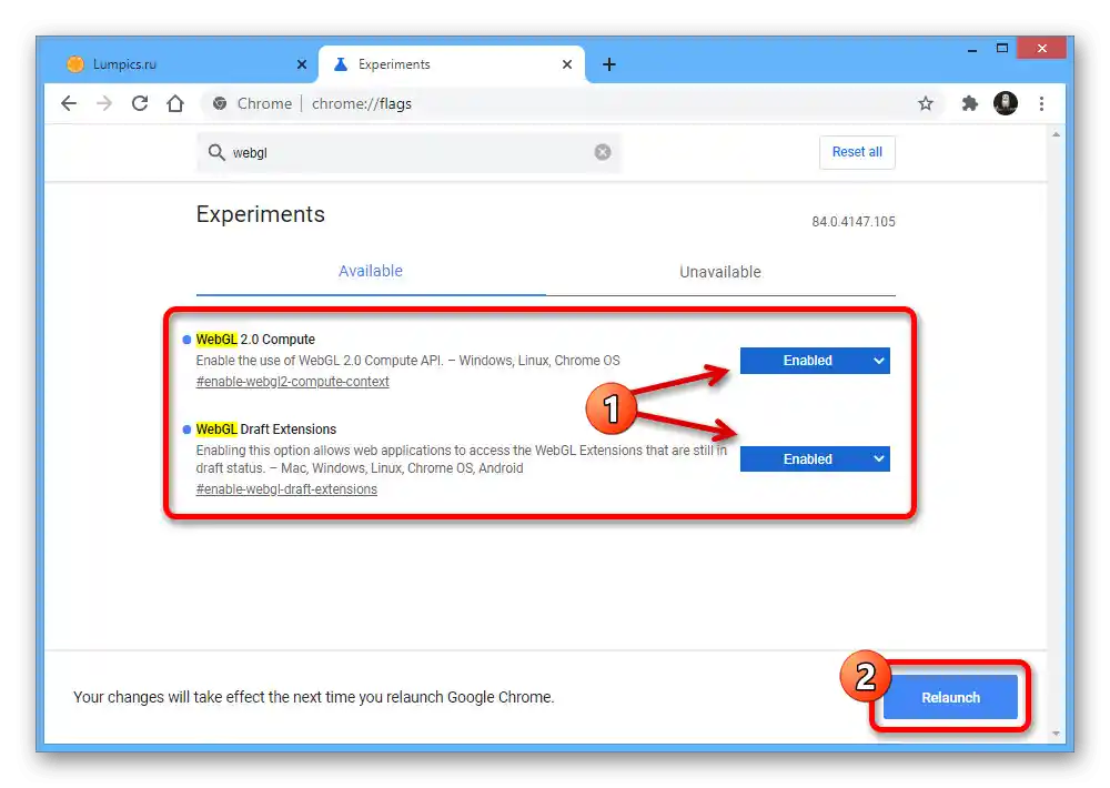 Uspešno vključitev WebGL v skritih nastavitvah brskalnika Google Chrome