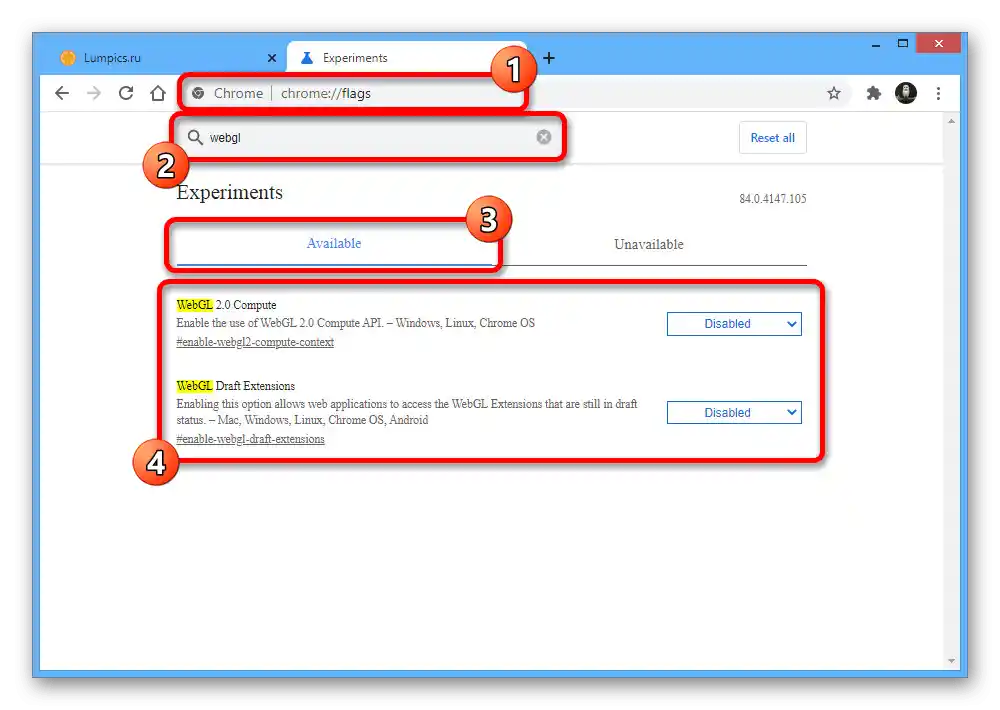 Iskanje funkcije WebGL v skritih nastavitvah v brskalniku Google Chrome