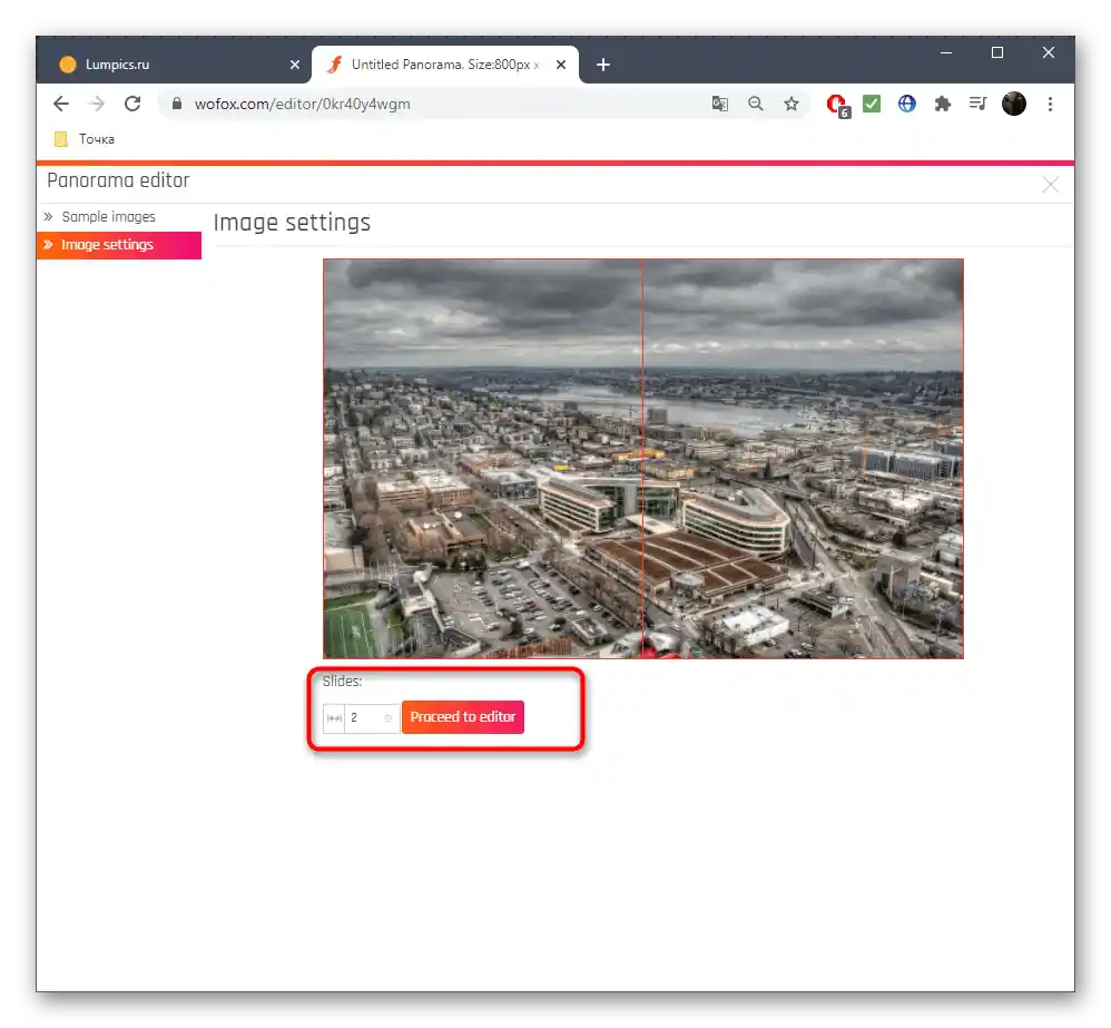 Výběr částí pro rozdělení fotografií při vytváření panoramatu v online službě WoFox