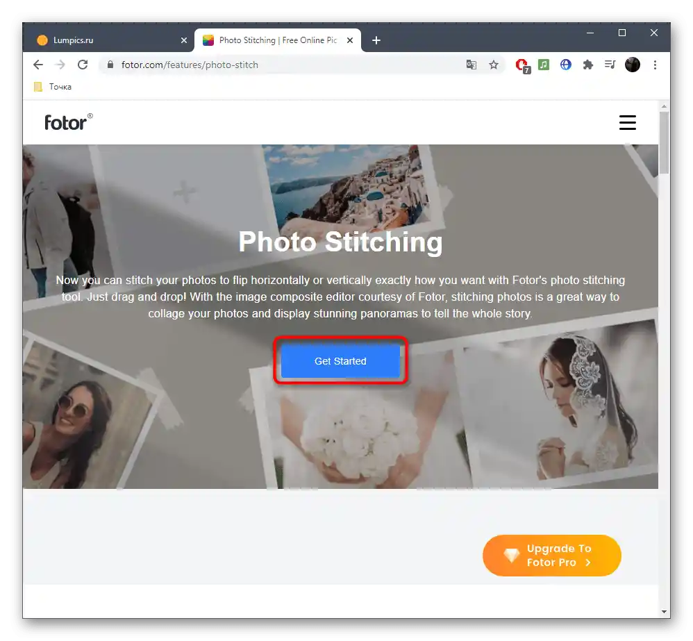 Přechod k zahájení interakce s online službou Fotor pro vytváření panoramatu
