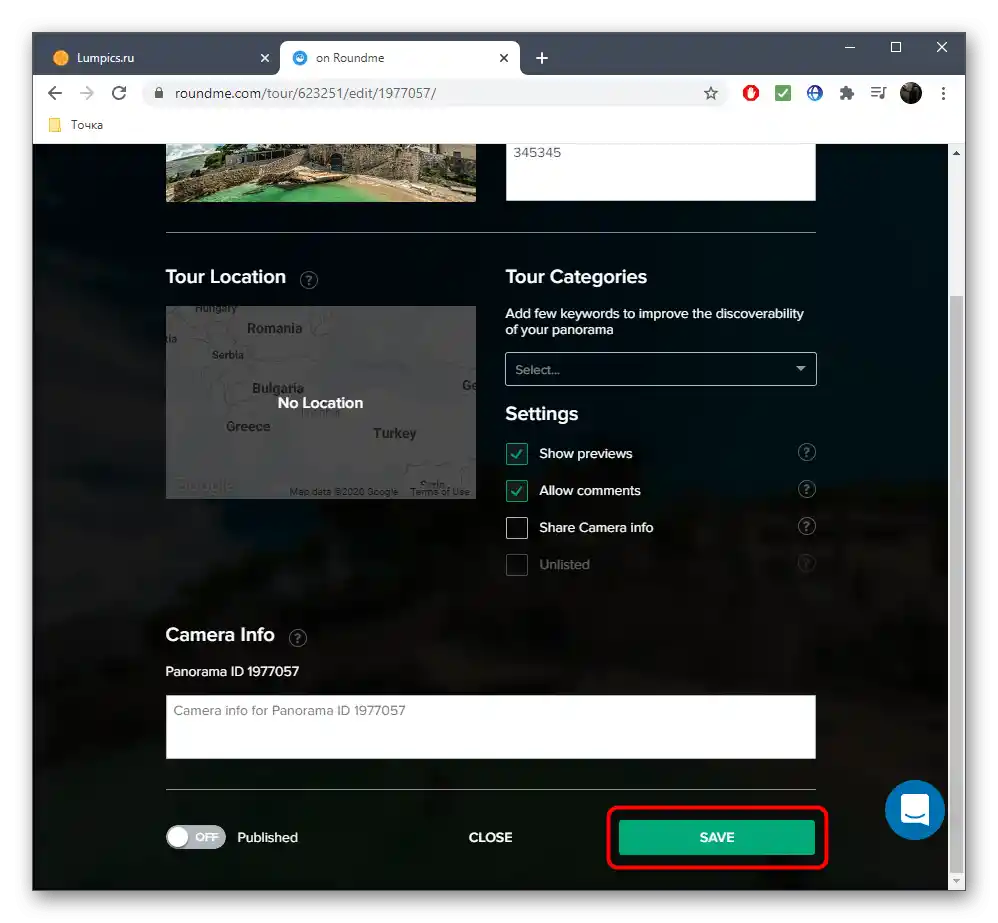 Uložení panoramatu po nastavení prostřednictvím online služby Roundme