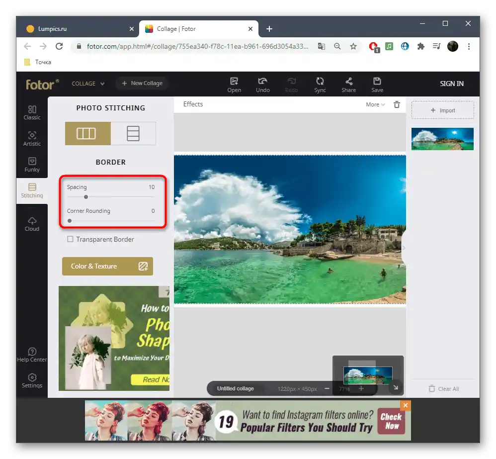 Nastavení panoramatických rámců při jejich nastavení prostřednictvím online služby Fotor