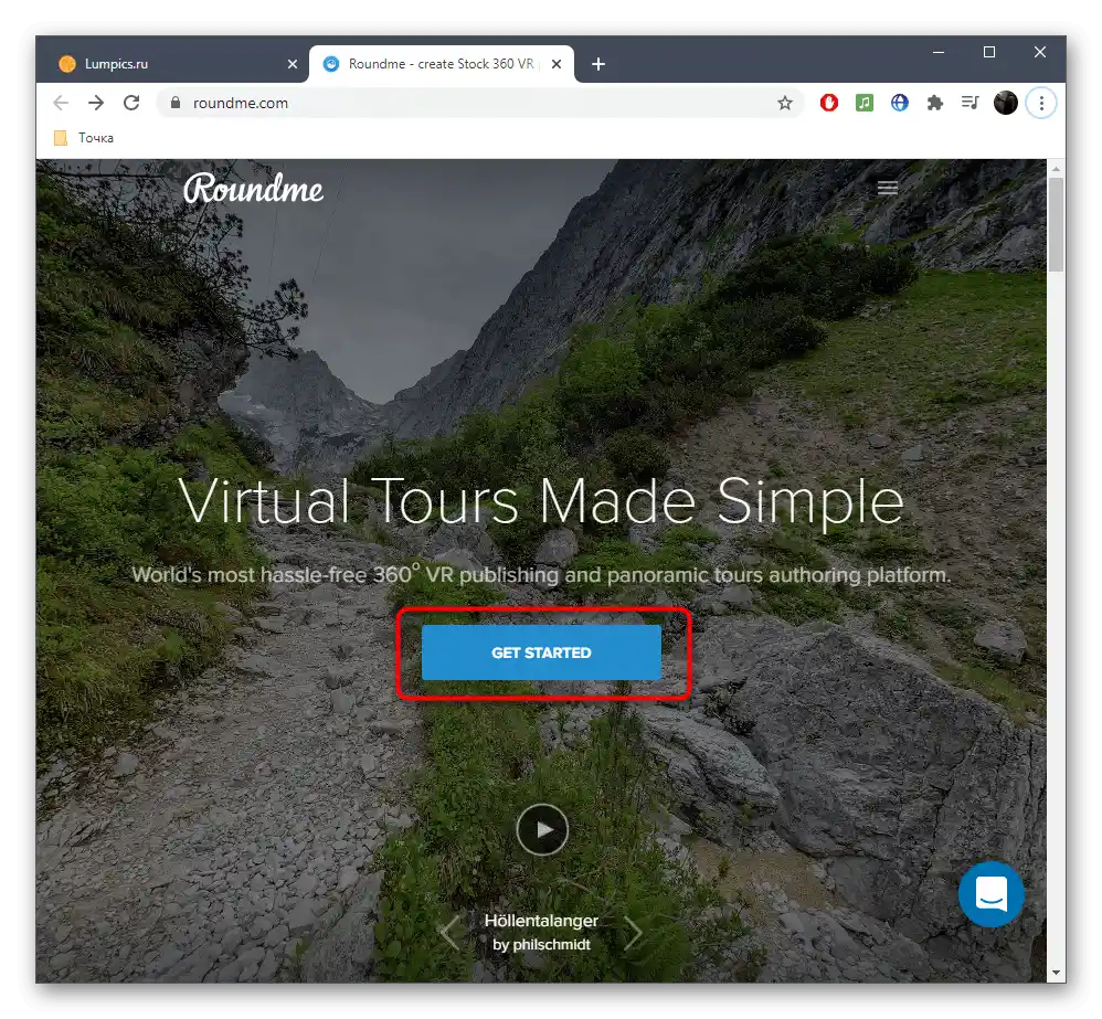 Přechod k začátku interakce se stránkou Roundme pro vytvoření panoramatu z fotografií