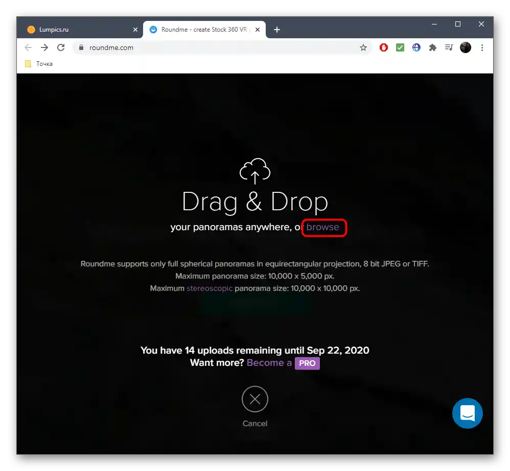 Přechod k přidání fotografie pro panoramu v online službě Roundme