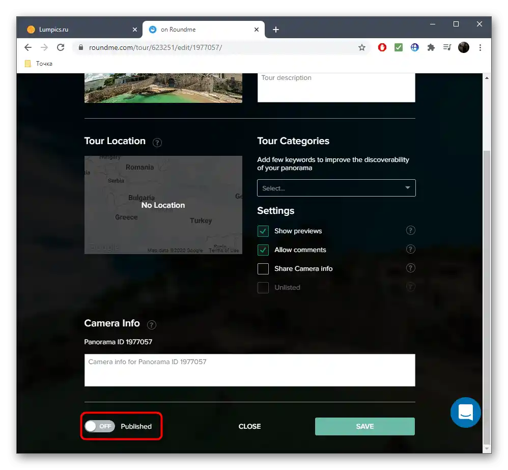 Aktivace funkce publikace panoramatu prostřednictvím online služby Roundme