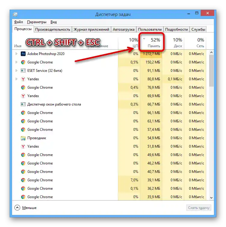 Преглед на процесите, които консумират памет в Диспечера на задачите на Windows