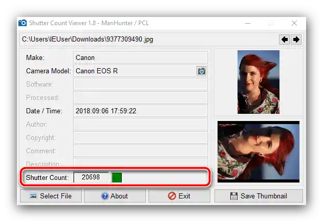Sprawdzenie przebiegu aparatu Canon za pomocą Shutter Counter Viewer na podstawie zdjęcia