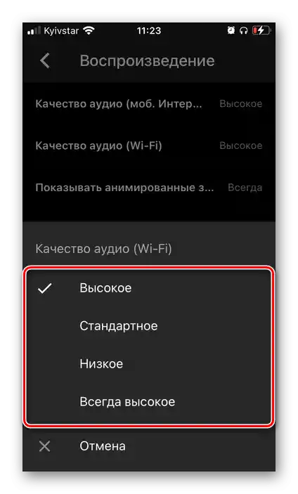 Избор на качеството на възпроизвеждане по Wi-Fi в приложението YouTube Music на iPhone