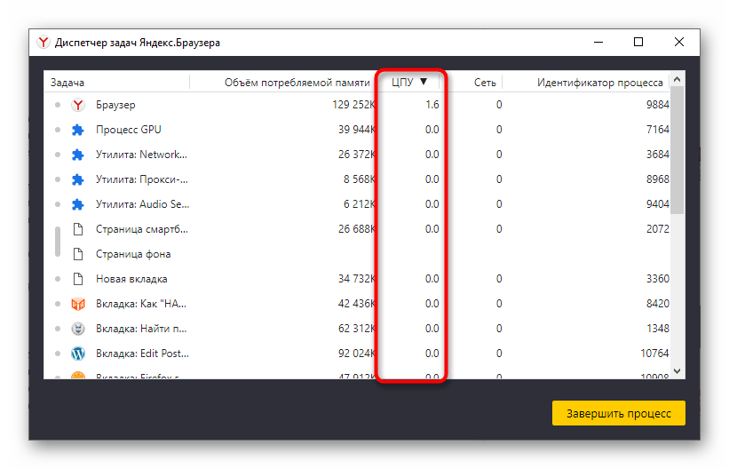 Przegląd obciążenia procesów przeglądarki Yandex na procesorze komputera za pomocą wbudowanego menedżera zadań