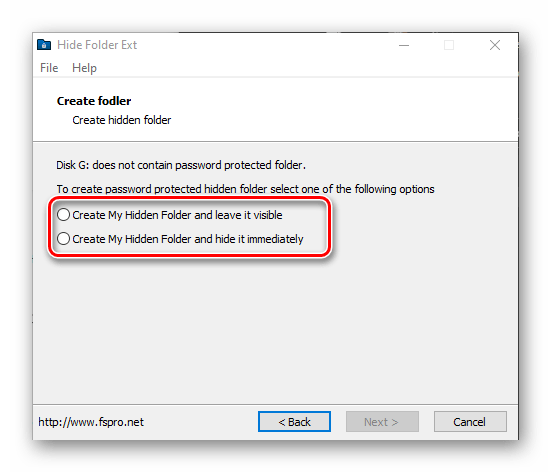 Kreiranje skrivene mape na disku u programu Hide Folder Ext
