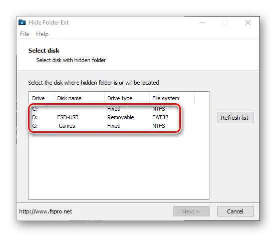 Popis diskova i mapa u prozoru programa Hide Folder Ext