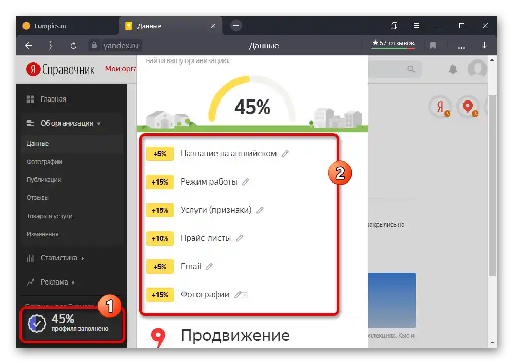 Proces postavljanja organizacije na stranici Yandex.Kataloga