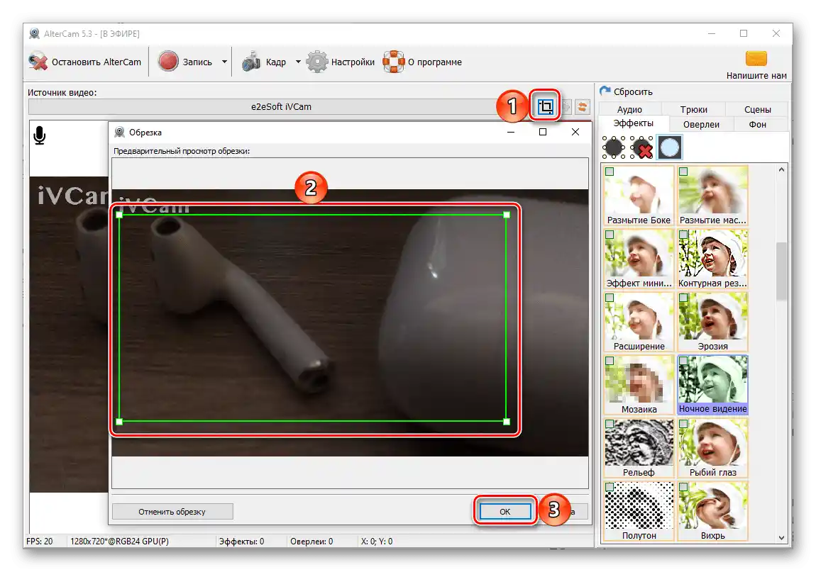 Obrezivanje slike u kadru za video u programu AlterCam za PC