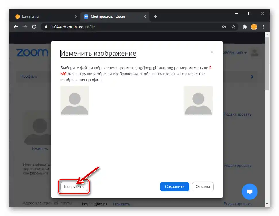 Zoom prozor Promijeni sliku pozvanu na službenoj stranici usluge