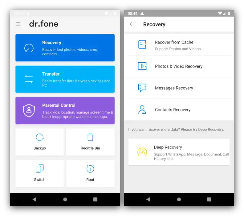 Интерфейс на програмата за възстановяване на файлове на Android dr.fone Recovery