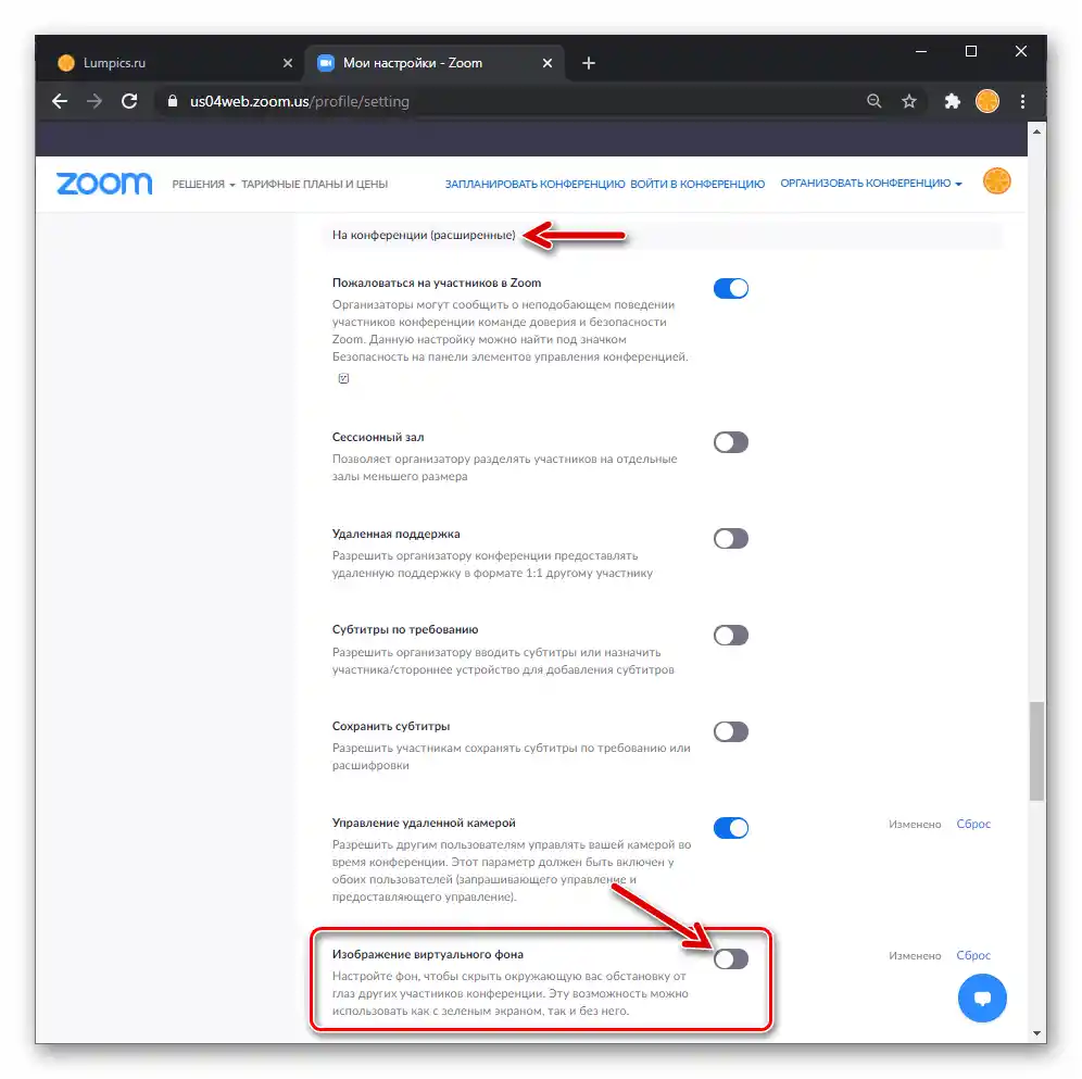 Zoom za Windows aktivacija opcije Slika virtualne pozadine u Postavkama profila na web stranici usluge