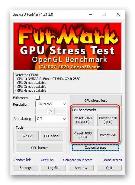 Odabir opcija za provjeru grafičke kartice u programu Furmark za PC