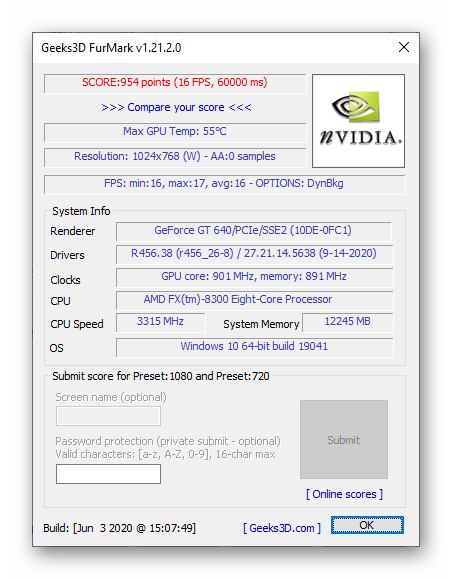 Резултатите от проверката на видеокартата по нейните параметри в програмата Furmark за ПК