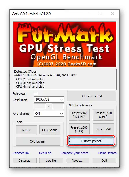 Pokretanje provjere grafičke kartice prema svojim parametrima u programu Furmark za PC