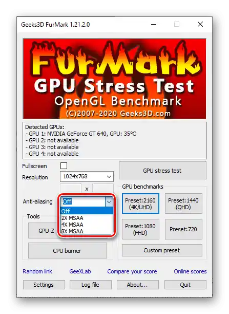 Odabir parametara za glatkoću prikaza za provjeru grafičke kartice u programu Furmark za PC