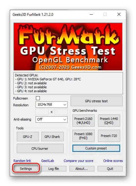 Преминете към настройките за определяне на параметрите за проверка на видеокартата в програмата Furmark за ПК