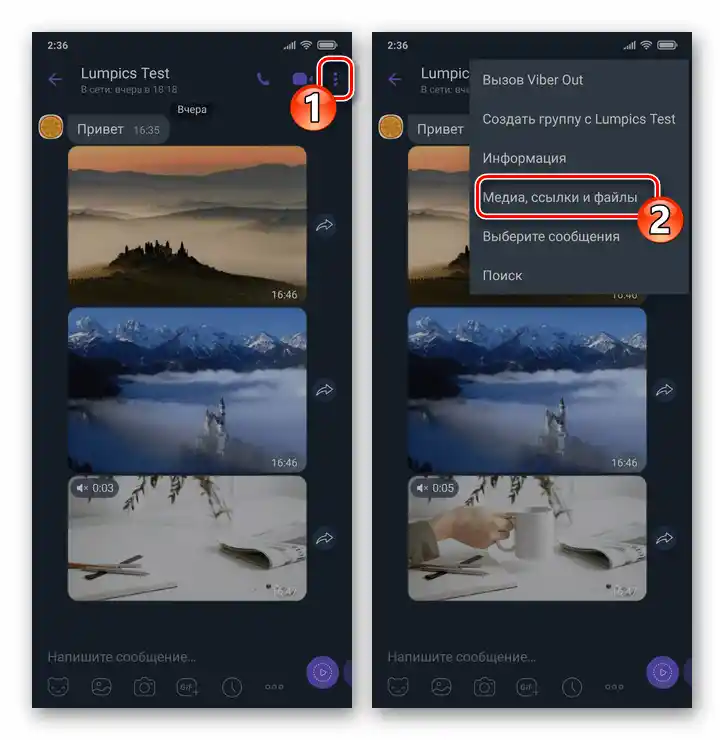 Viber за Android - извикване на менюто за чат, преминаване в Медия, връзки и файлове