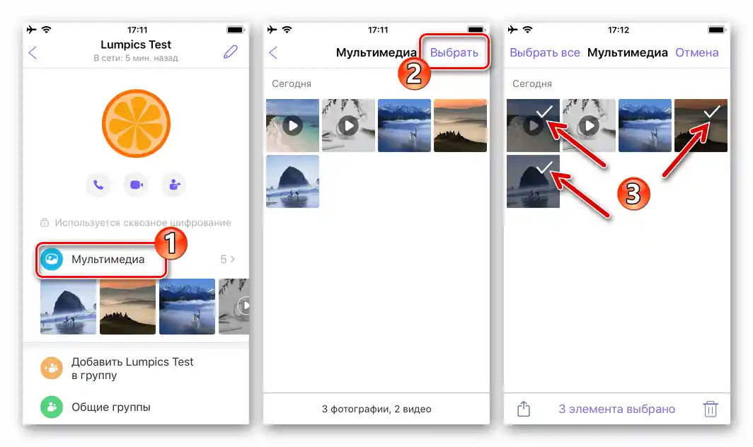 Viber за iPhone - избор на няколко снимки и видеа от чата за изпращане по електронната поща