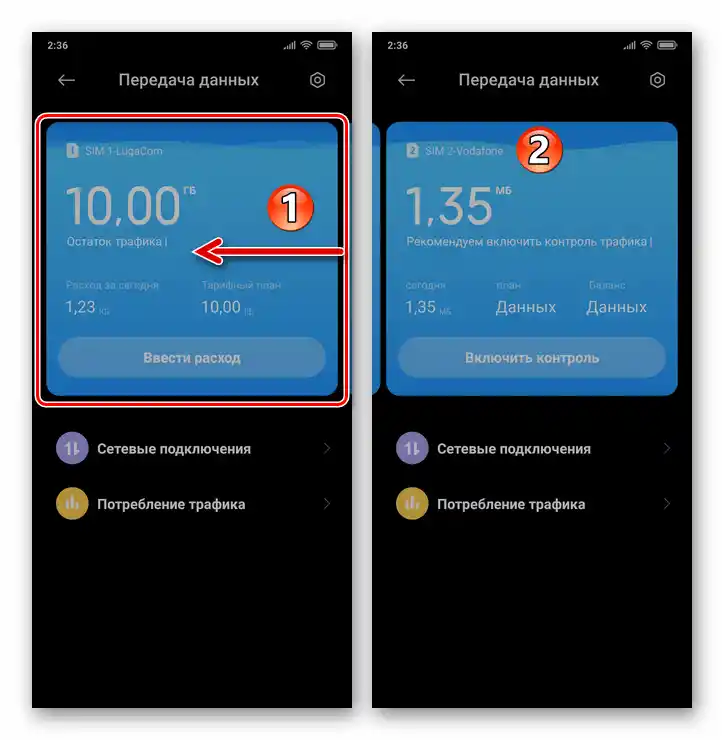 Xiaomi MIUI 12 преминаване към преглед на информацията за втората SIM карта на екрана за предаване на данни, извикан от системното меню