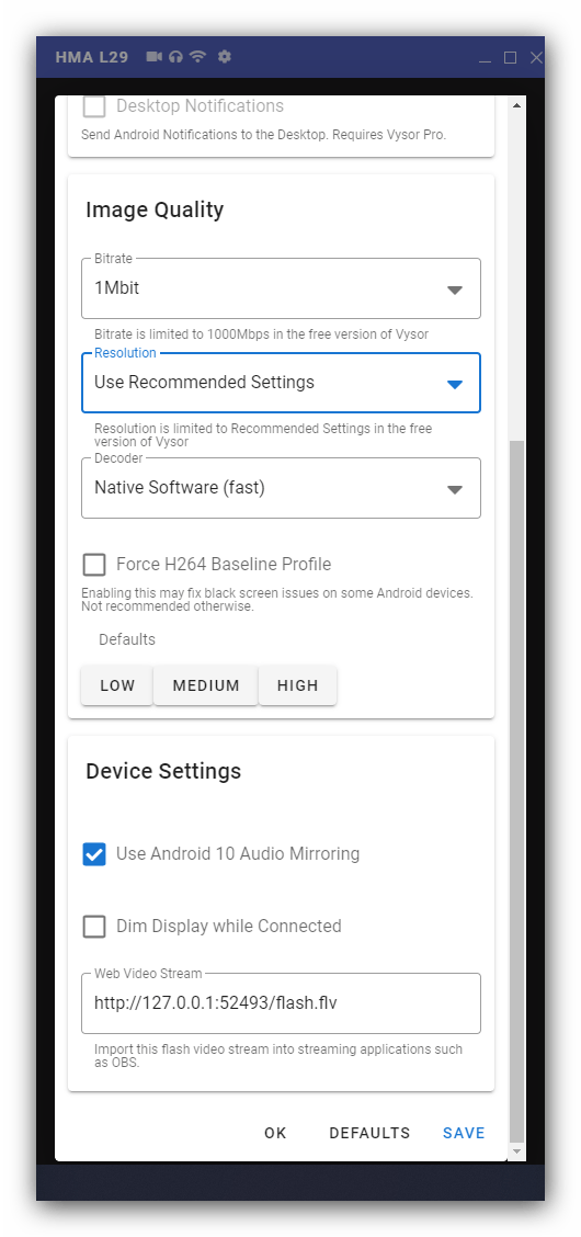 Настройки на програмата за управление на Android от компютър с помощта на програмата Vysor