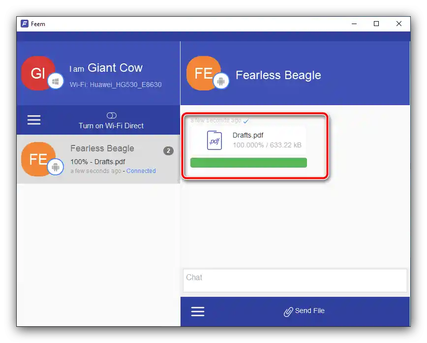 Получаване на данни на ПК за предаване на файлове от Android на компютър чрез програмата Feem