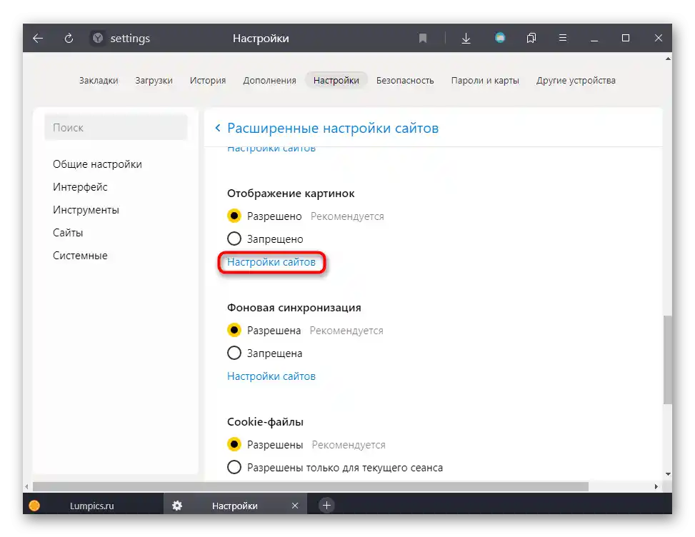 Kontrola výjimek zobrazení obrázků v nastavení prohlížeče Yandex
