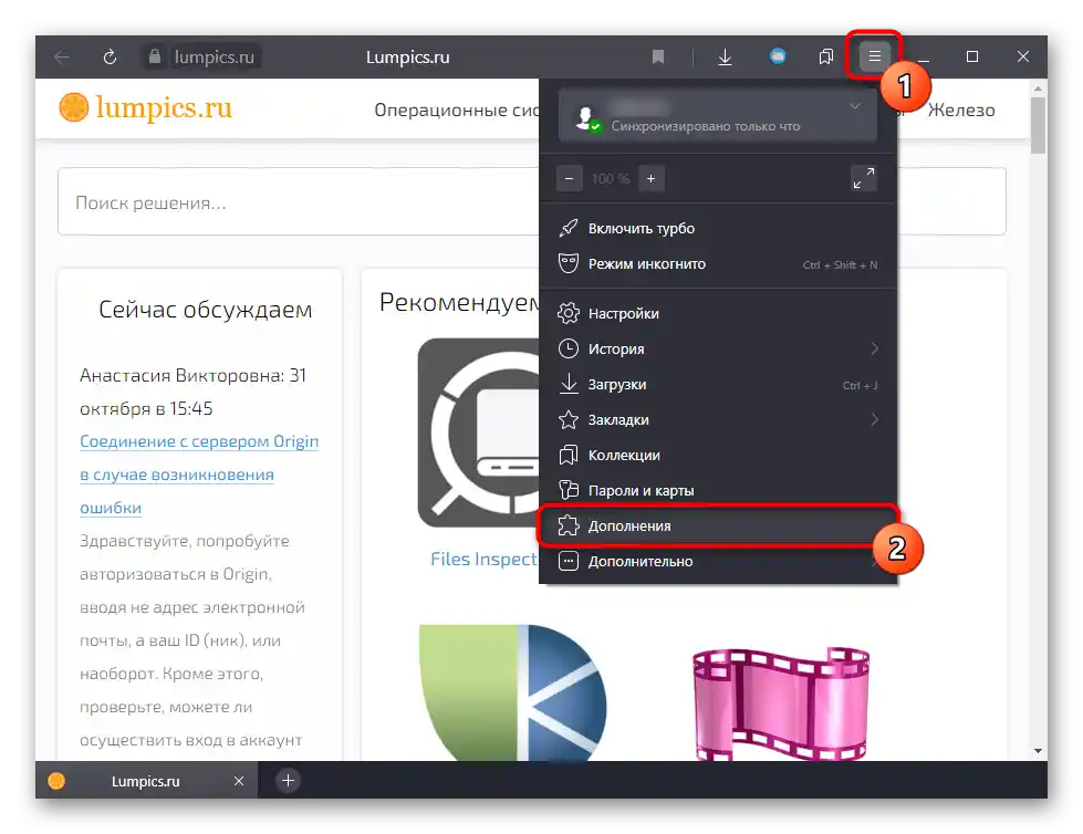 Přechod do sekce Doplňky Yandex.Browser přes menu pro vyhledávání ovlivňující zobrazení obrázků rozšíření