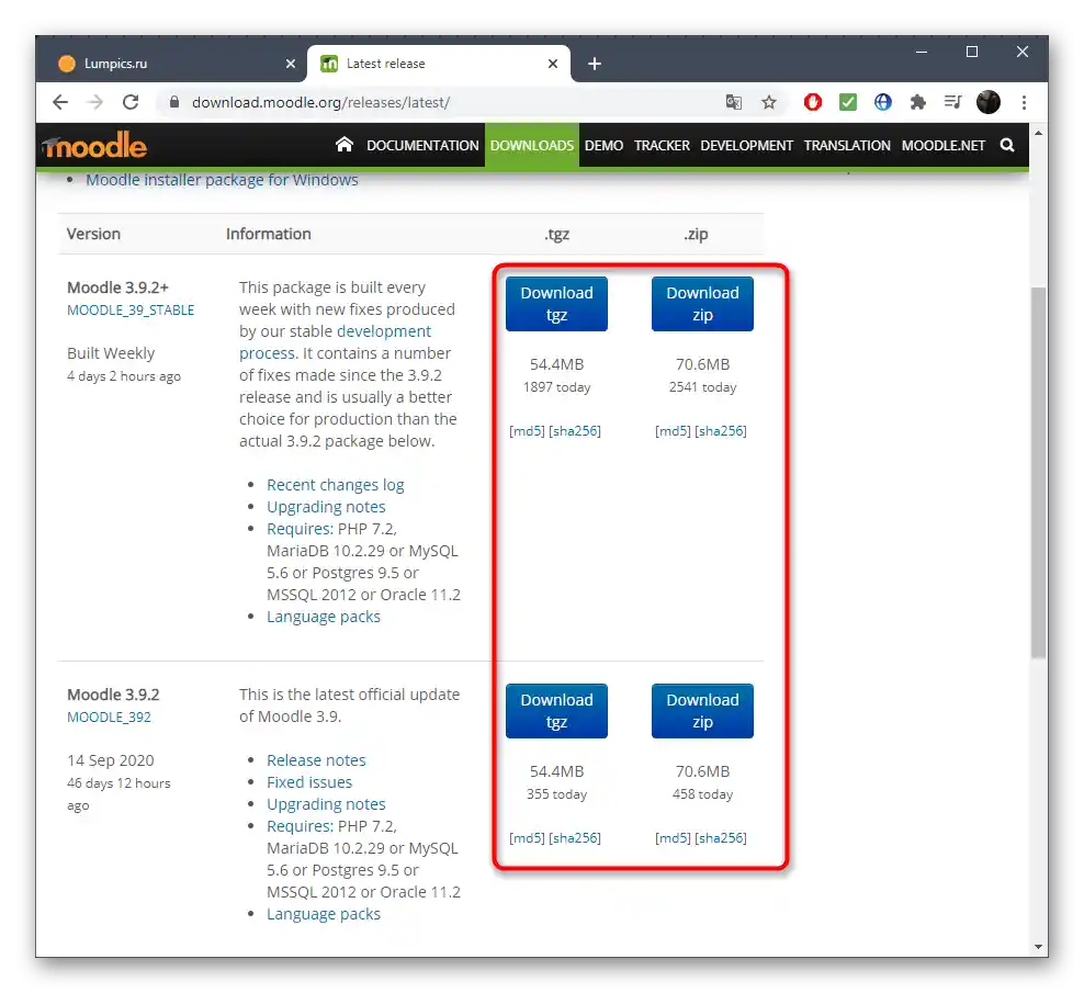Wybór archiwum z plikami Moodle dla serwera WWW