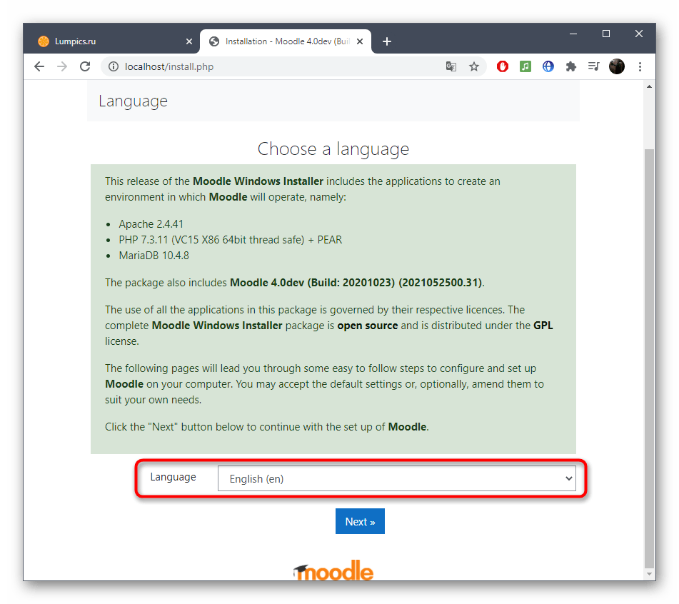 Wybór języka do instalacji lokalnego serwera Moodle na komputerze