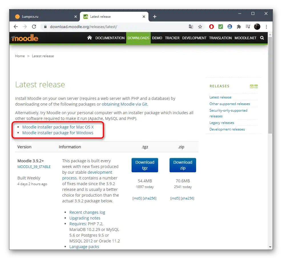 Wybór instalatora dla systemu operacyjnego Windows przed pobraniem Moodle na komputer