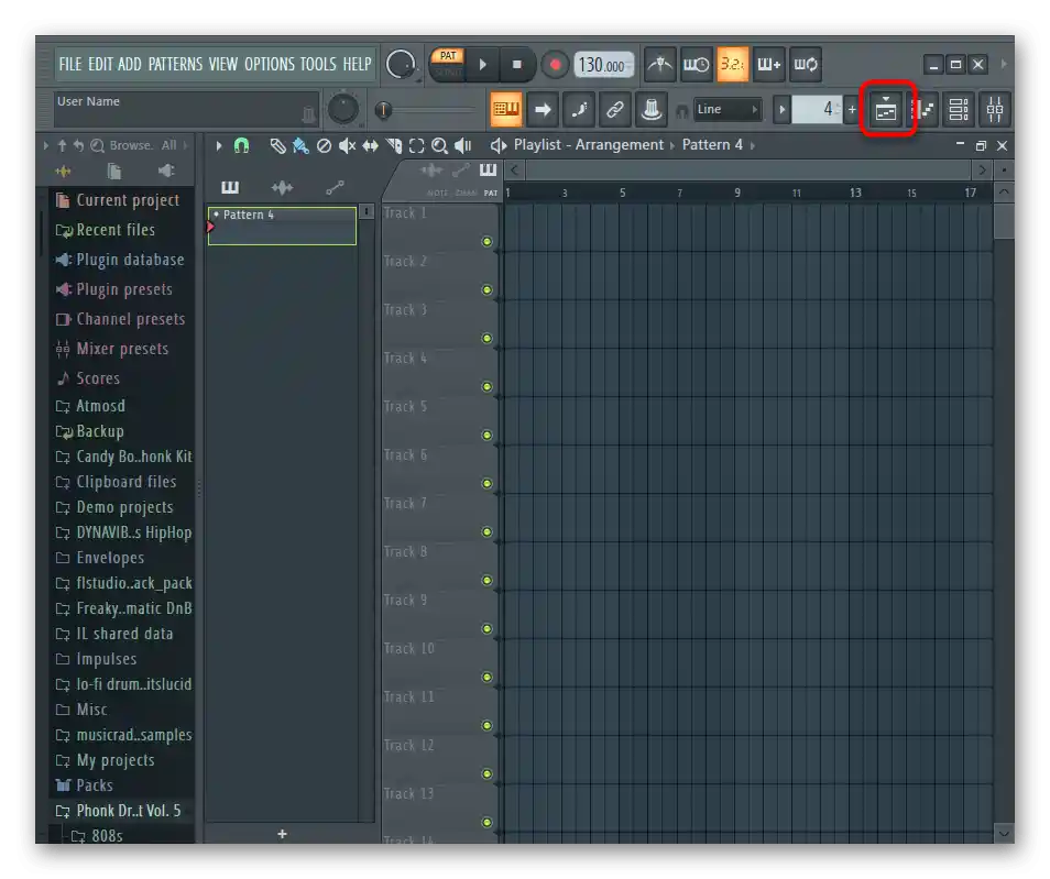 Отваряне на прозорец с плейлист за свързване на тракове чрез софтуера FL Studio