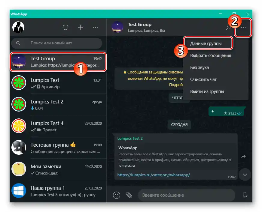 WhatsApp za Windows odpiranje skupinskega klepeta, klic okna Podatki skupine