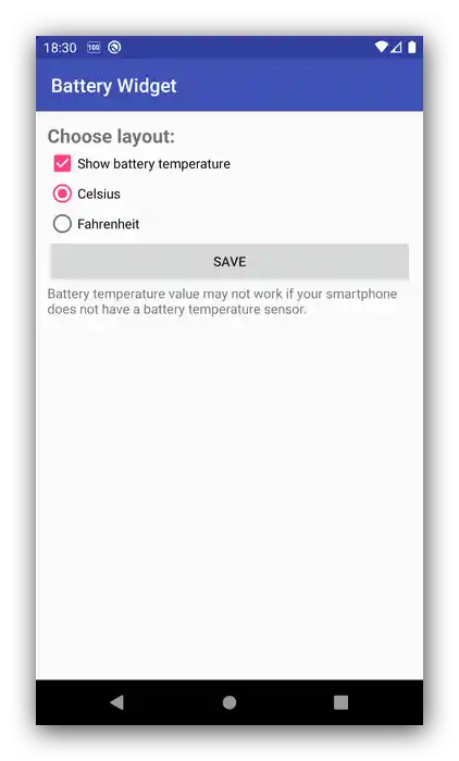 Prikaz opcija u aplikaciji widgeta baterije za Android Batterie Widget