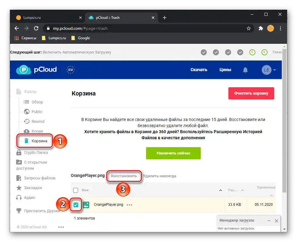 Възможност за възстановяване на изтрити файлове в уеб версията на услугата pCloud Drive