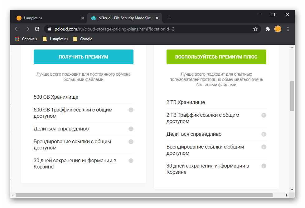 Възможности на премиум тарифите на услугата pCloud Drive