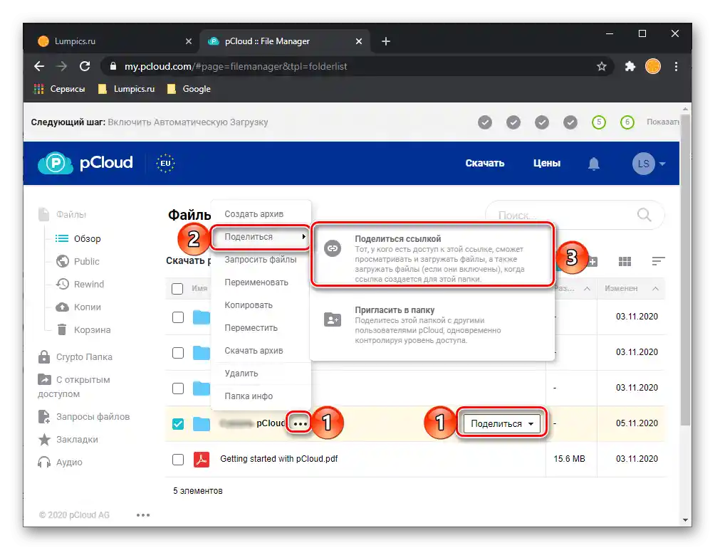 Споделете връзка към файл или папка в уеб версията на услугата pCloud Drive
