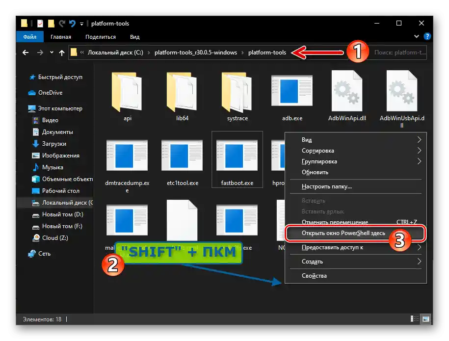 Xiaomi pokreće Power Shell iz prozora Explorera s otvorenom mapom koja sadrži konzolnu alatku Fastboot