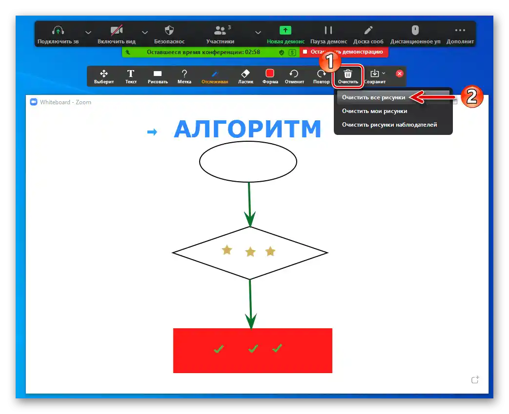 Zoom за Windows - почистване на дъската за съобщения от свои, чужди или всички рисунки