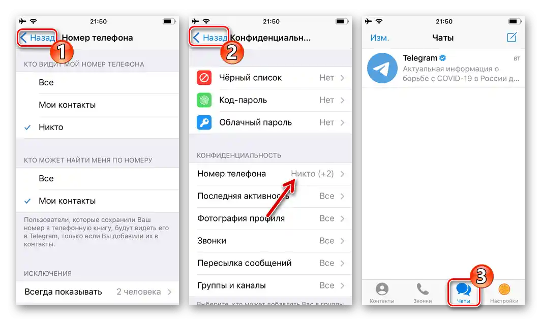 Telegram za iPhone - spremanje promjena unesenih u postavke Privatnosti broja, izlazak iz Postavki messengera