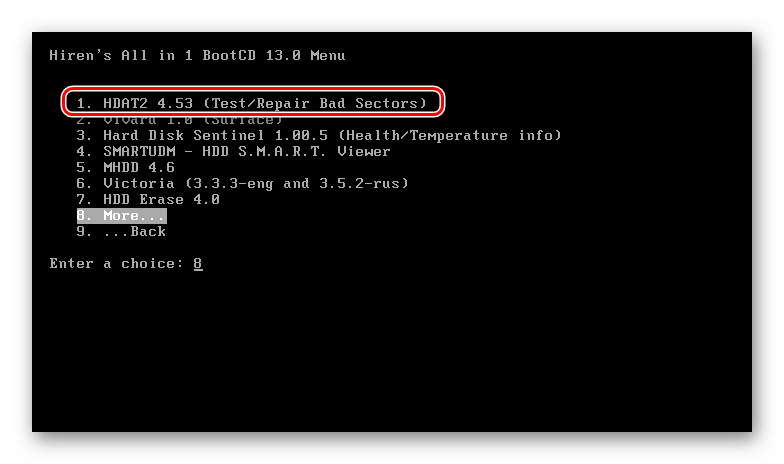 Výber programu HDAT2 v Hiren's BootCD