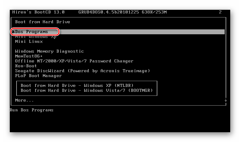 Prechod na sekciu DOS programov v Hiren's BootCD