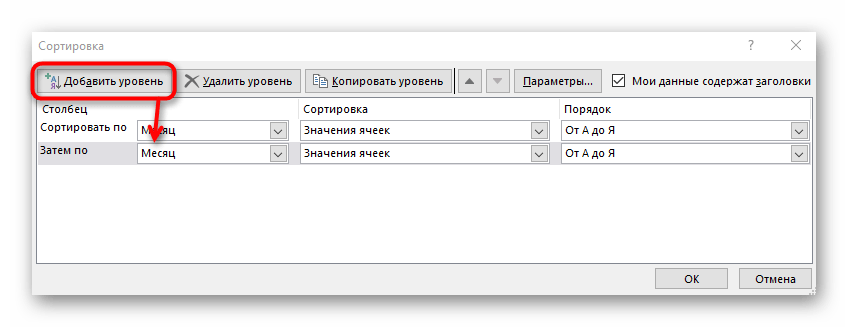 Додавање другог нивоа за прилагођено сортирање у Excelu