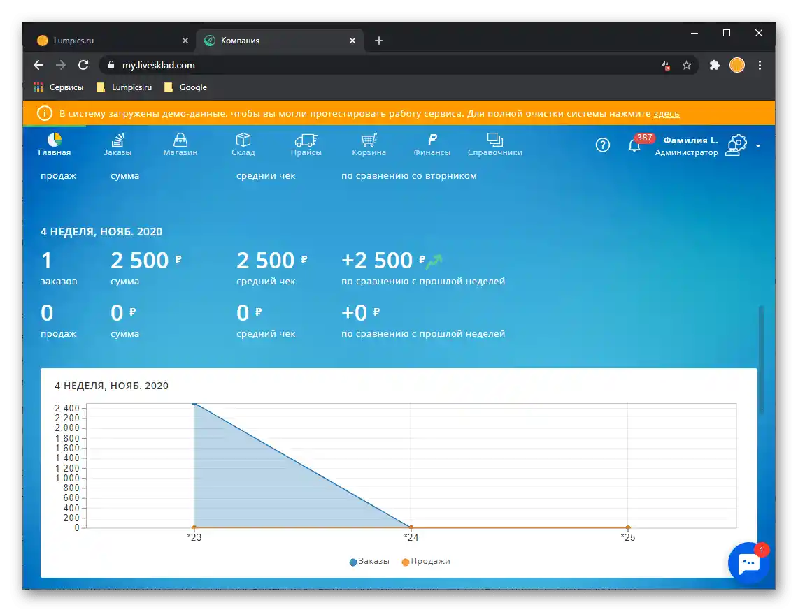 Информация на началната страница на личния кабинет в CRM системата за автоматизация на бизнеса LiveSklad